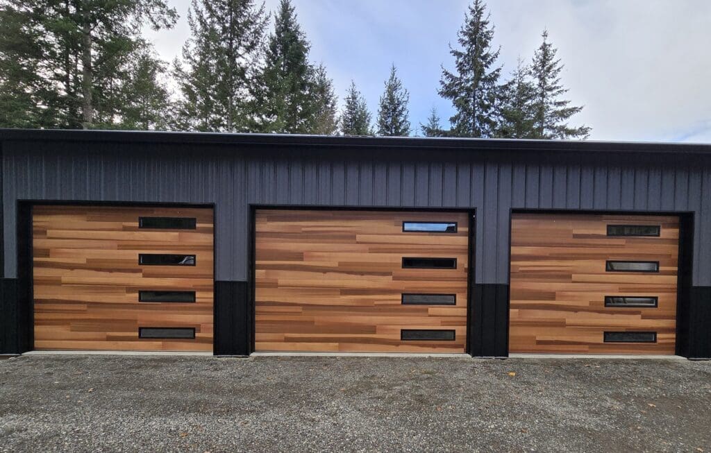 Three modern wooden garage doors
